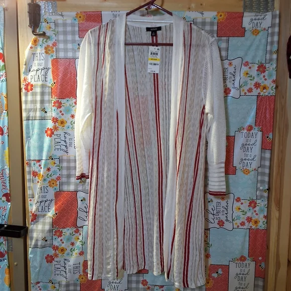 NWT ALFANI IVORY STRIPE LONG SLEEVE OPEN CARDIGAN TOP - Picture 2 of 11